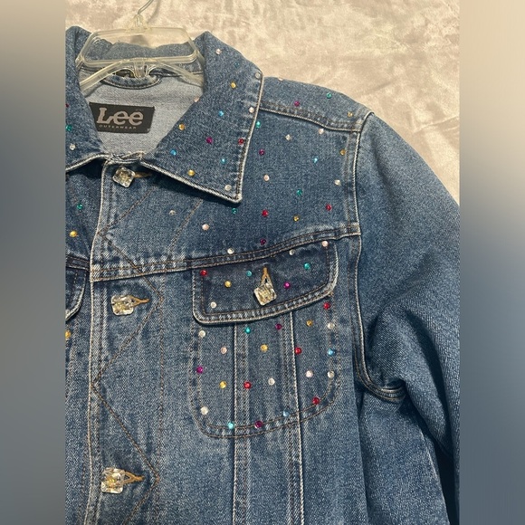 Lee Denim Trucker Jacket Women’s Large Blue Buttons Rhinestones Bedazzled - Picture 7 of 11